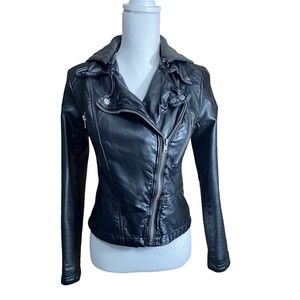 Free People Hooded Faux Leather  Jacket in Black Vegan Leather Sz 2